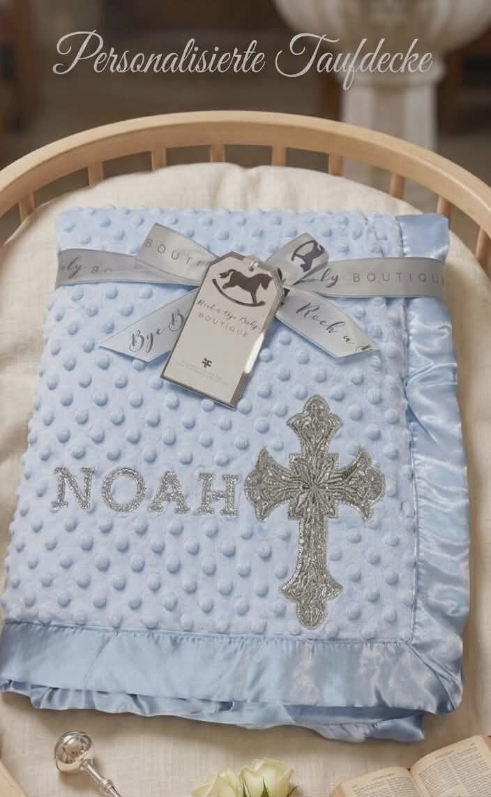 Taufdecke Blau Kreuz Silber Personalisiert mit Name Geschenk Taufe Babydecke