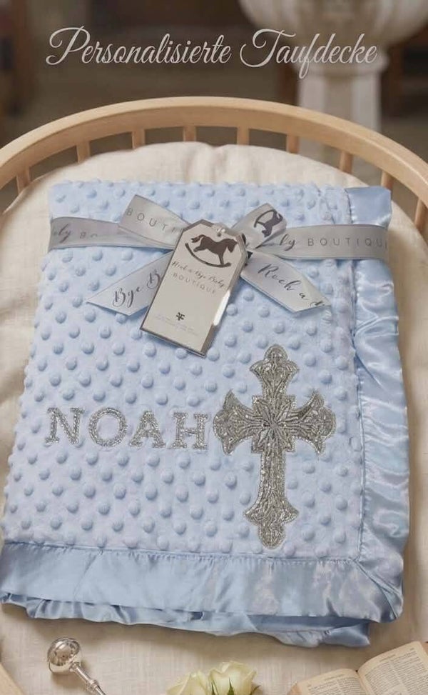 Taufdecke Blau Kreuz Silber Personalisiert mit Name Geschenk Taufe Babydecke