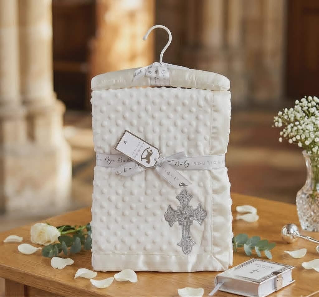 Taufdecke Babydecke Taufe Kreuz silber Babygeschenk Kuscheldecke Erstausstattung weiß