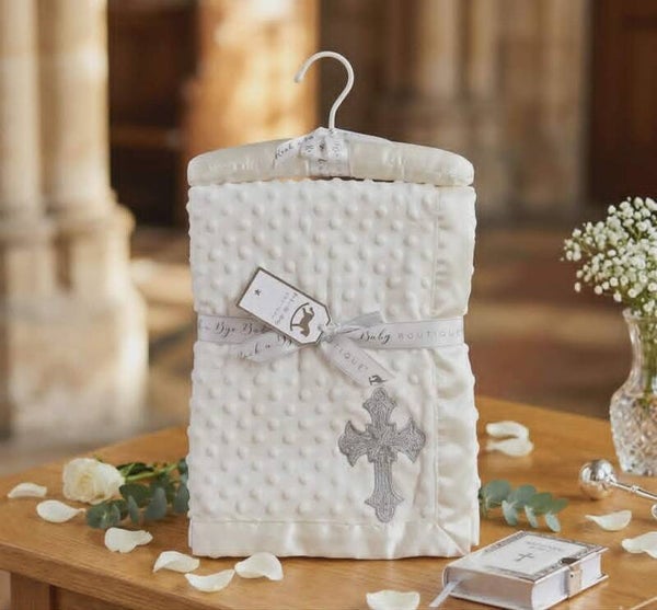 Taufdecke Babydecke Taufe Kreuz silber Babygeschenk Kuscheldecke Erstausstattung weiß