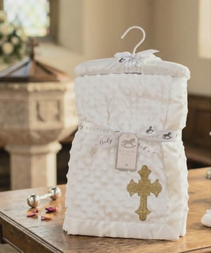 Taufdecke Babydecke Taufe Kreuz gold Babygeschenk Kuscheldecke Erstausstattung weiß