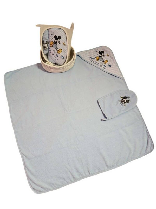 Disney Mickey Mouse Babyset Badetuch Washhandschuh Korb Geschenk Geburt Blau