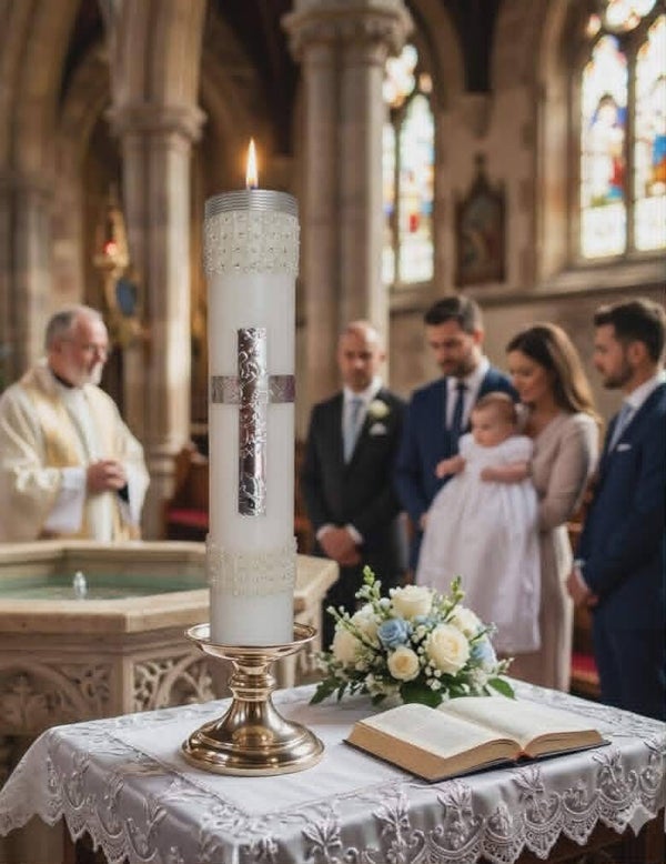 Taufkerze Kerze zur Taufe Mädchen Junge Name Datum Kreuz Motiv 27/6 cm