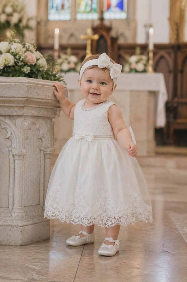 Taufkleid Gr. 80 86 12-18M Babykleid Taufe Geburtstag Party Stirnband Weiß Set