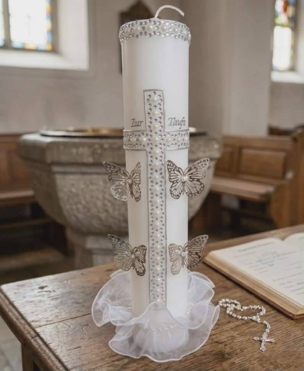 Taufkerze Kerze zur Taufe Mädchen Junge Name Datum Motiv Kreuz  27/6 cm