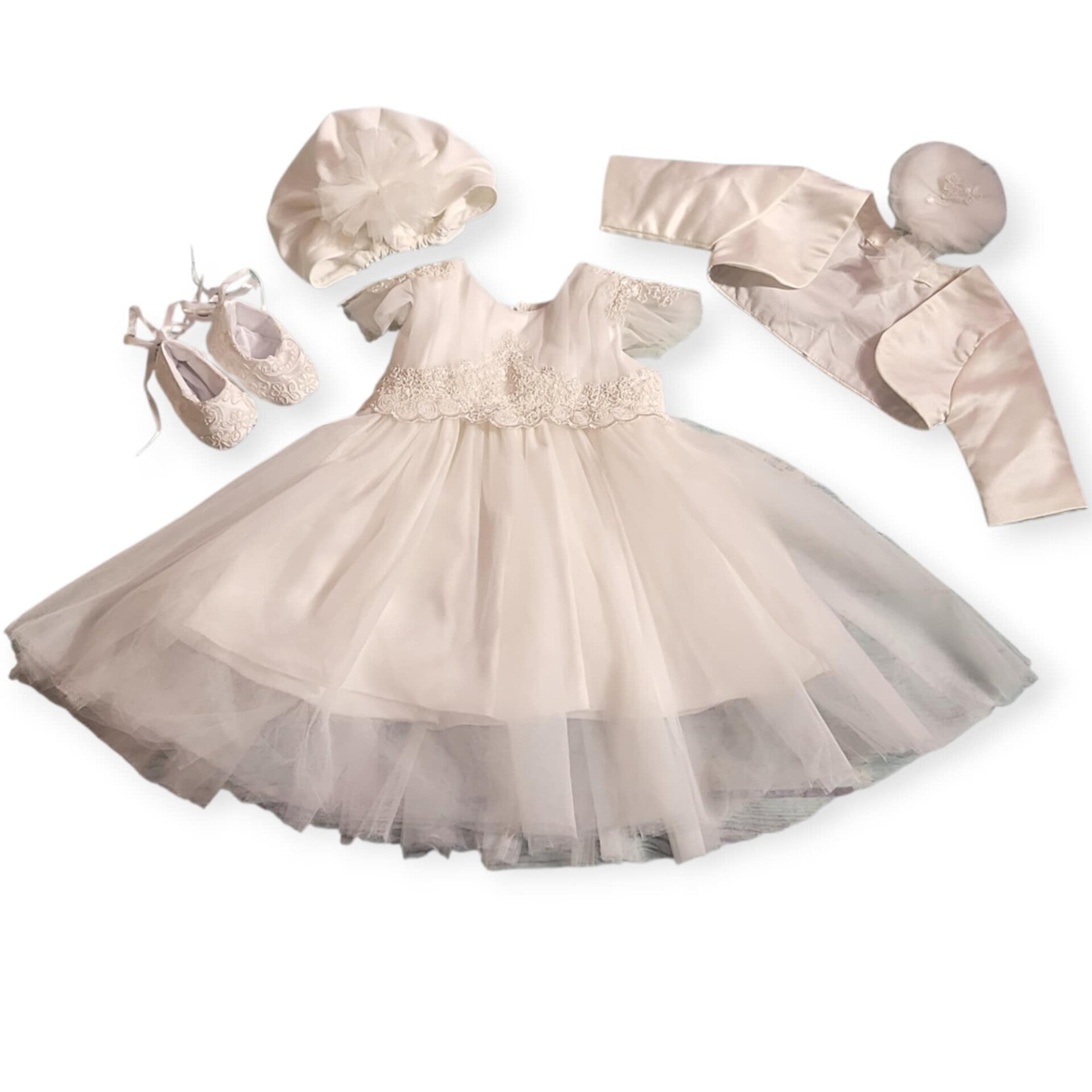 Taufkleid Gr. 56 62 Schuhe Stirnband Bolero Taufoutfit Partykleid ivory 0-3 Monate