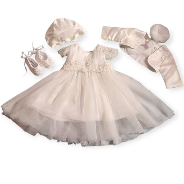 Taufkleid Gr. 56 62 Schuhe Stirnband Bolero Taufoutfit Partykleid ivory 0-3 Monate