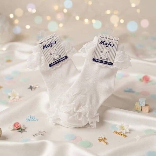 2 Paar Mädchen Socken Weiß mit Spitzenrand Gr. 19-23 Gr. 24-27 festlich Taufe