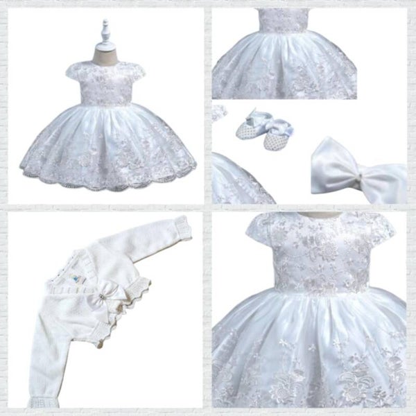 Taufkleid Gr. 62 68  Stirnband Schuhe Bolero Spitze Taufe Taufoutfit 3-6 Monate