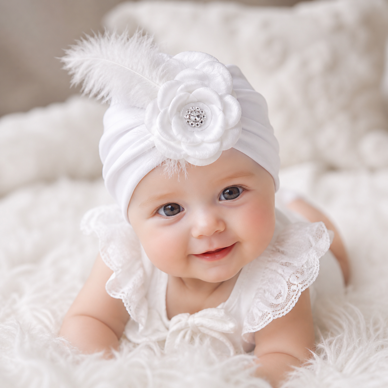 Babymütze zum Taufkleid Taufmütze Baby Turban Taufhut Mütze Taufe weiß 0-6 Mon