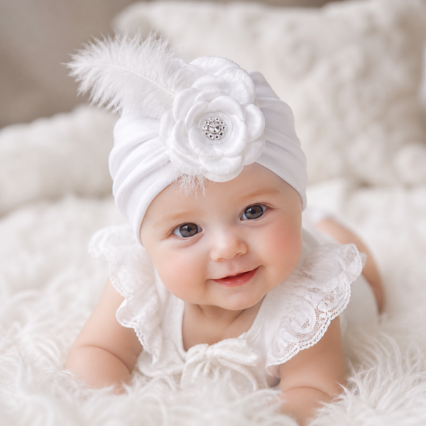 Babymütze zum Taufkleid Taufmütze Baby Turban Taufhut Mütze Taufe weiß 0-6 Mon
