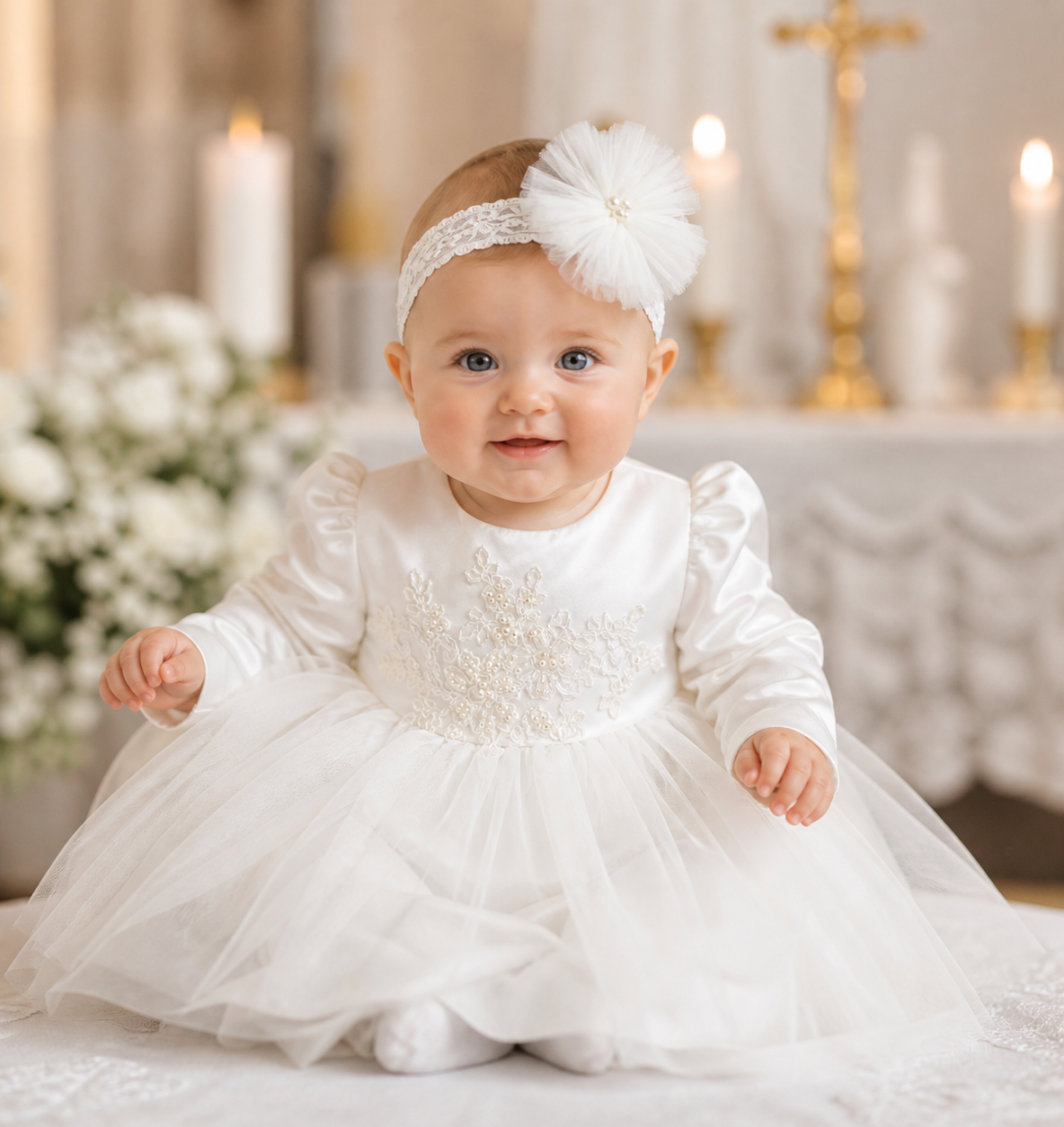 Taufkleid Gr.62 68 Kleid Taufe Baby Turban Stirnband Partykleid 3tlg ivory 3-6 Monate