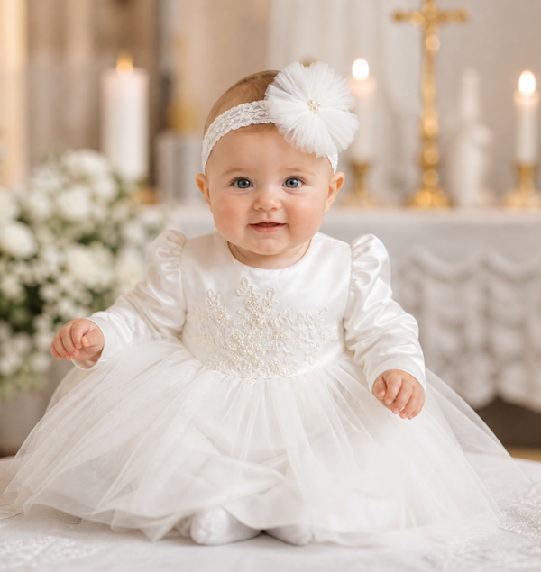 Taufkleid Gr.62 68 Kleid Taufe Baby Turban Stirnband Partykleid 3tlg ivory 3-6 Monate