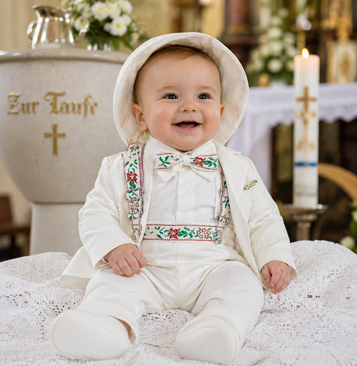 Taufanzug Gr. 74 80 Anzug Baby Taufe Set Jacke Hemd Hose Fliege Hosenträger Hut 9-12 Monate
