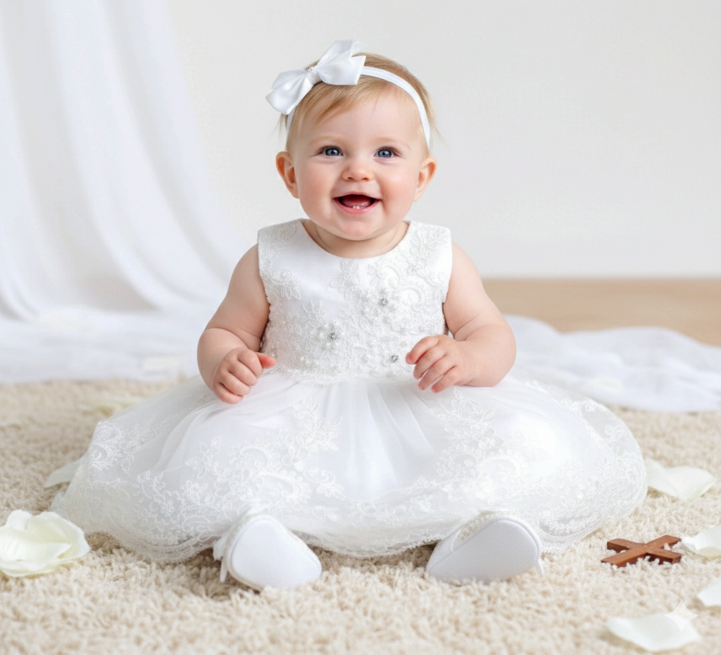 Taufkleid Gr. 74 Kleid Baby Taufe  Stirnband Schuhe Spitze Partykleid 6-9 Monate