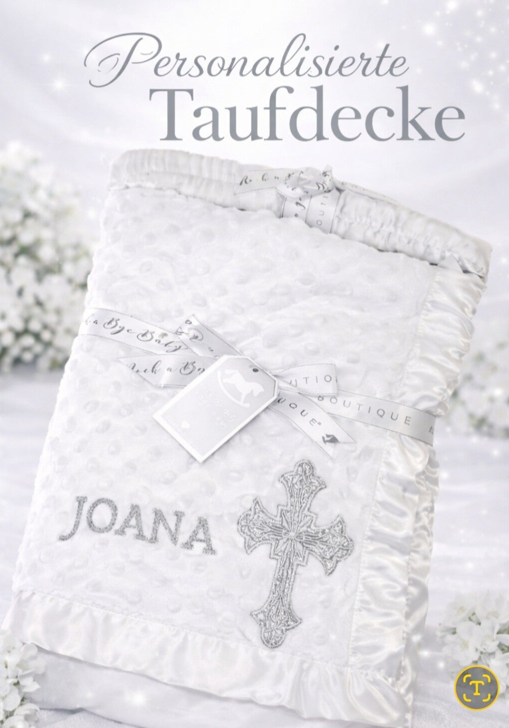 Taufdecke Weiß Kreuz Silber Personalisiert Name Geschenk Taufe Geburt Babydecke