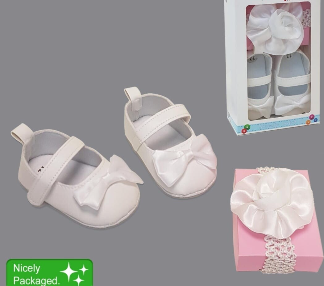 Baby Set Mädchen Taufschuhe+Stirnband Babyschuhe Taufe festlich weiß 6-12 Monate