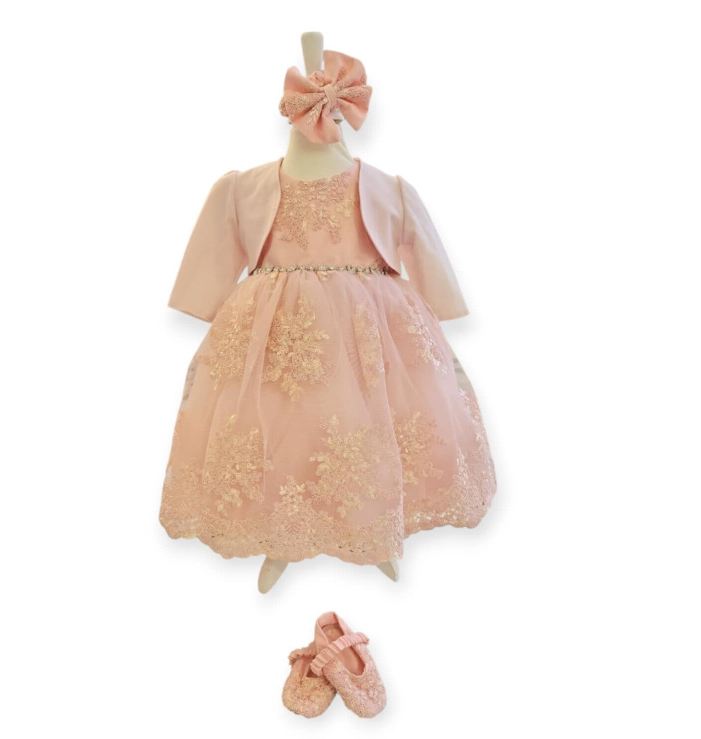 Baby Taufkleid Spitze Gr. 74 Stirnband Bolero Schuhe Taufoutfit Baby 4tlg ivory 6-9 Monate rosa