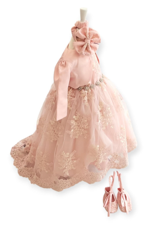 Baby Taufkleid  Spitze Gr.74 Schleppe Stirnband Bolero Schuhe Taufoutfit 4tlg 6-9 Monate rosa