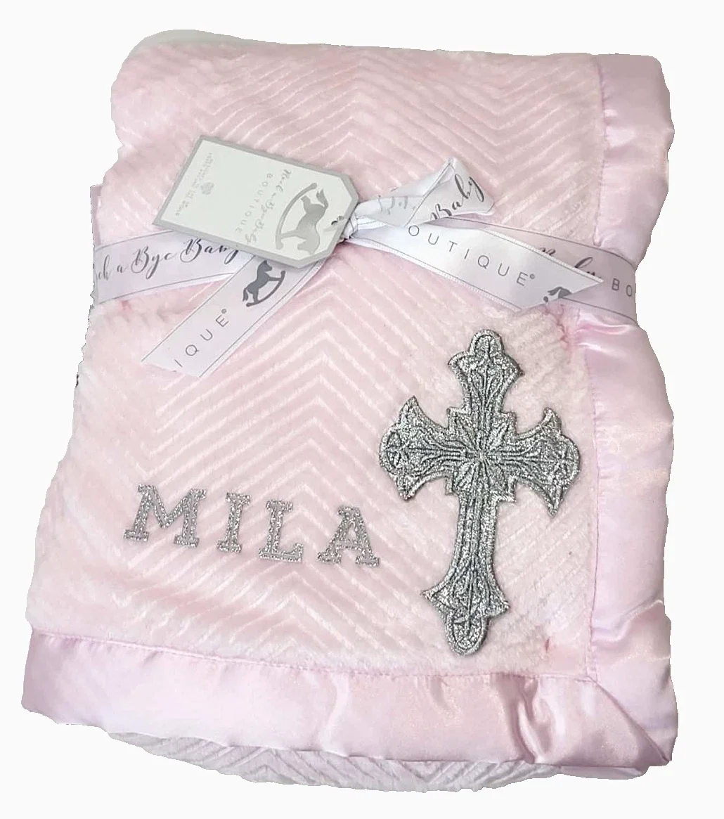 Taufdecke Baby rosa Kreuz Silber personalisiert Name Geschenk Taufe Geburt Decke
