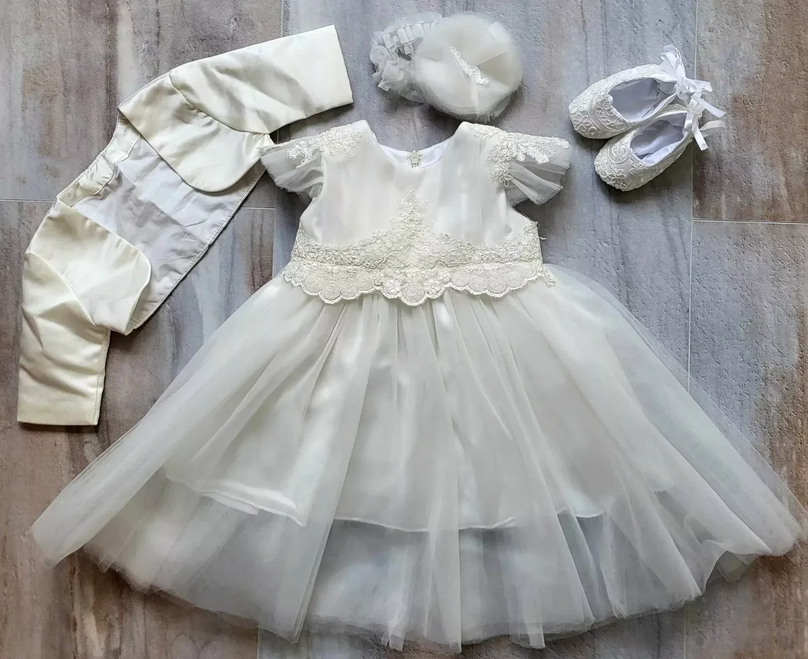 Taufkleid Gr. 56 62 Schuhe Stirnband Bolero Taufoutfit Partykleid ivory 0-3 Monate