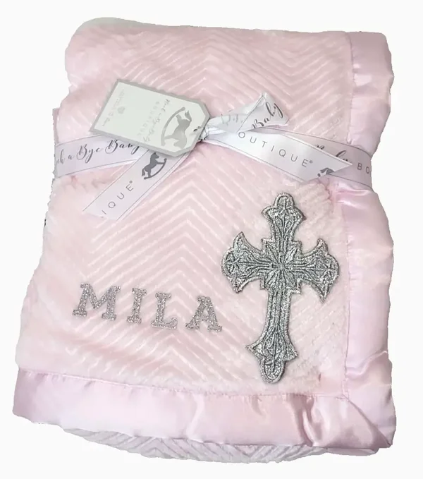 Taufdecke Baby rosa Kreuz Silber personalisiert Name Geschenk Taufe Geburt Decke