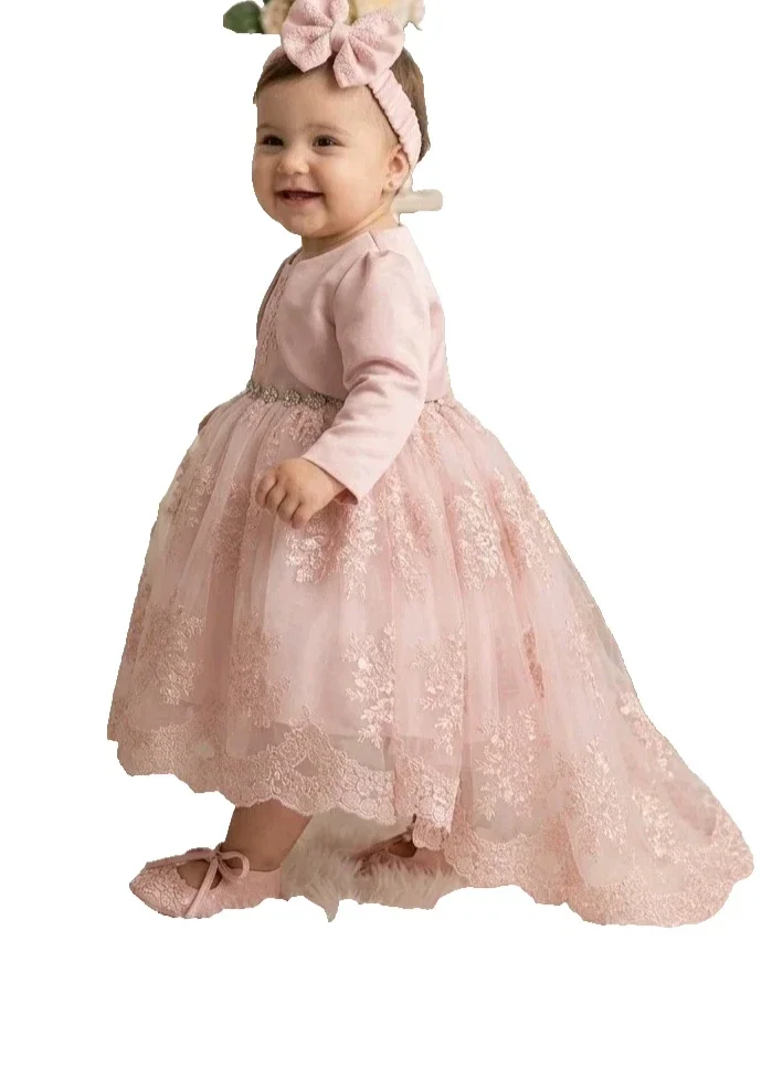 Baby Taufkleid  Spitze Gr.74 Schleppe Stirnband Bolero Schuhe Taufoutfit 4tlg 6-9 Monate rosa