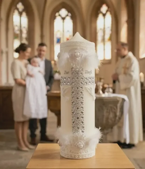 Taufkerze Kerze Taufe Mädchen Name Datum Kreuz Feder Spize Taufkleid Creme