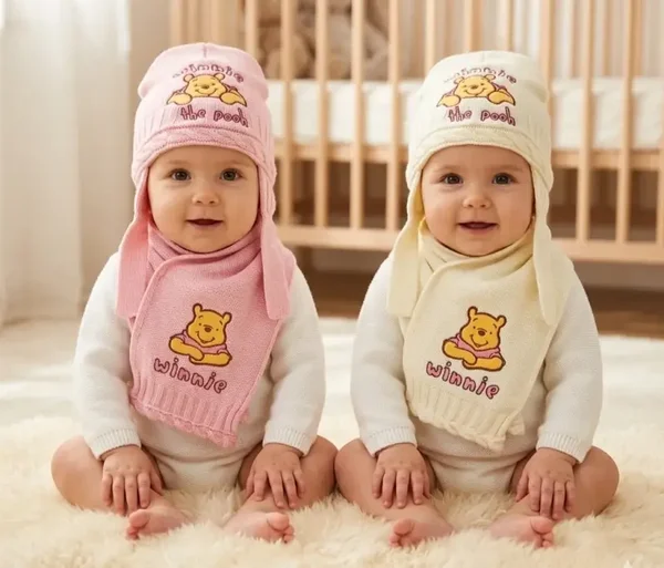 Disney Baby Gr. 44 46 Winnie the Pooh Mütze Schal Babymütze Set 2-tlg weiß rosa 6-9/9-12 Monate