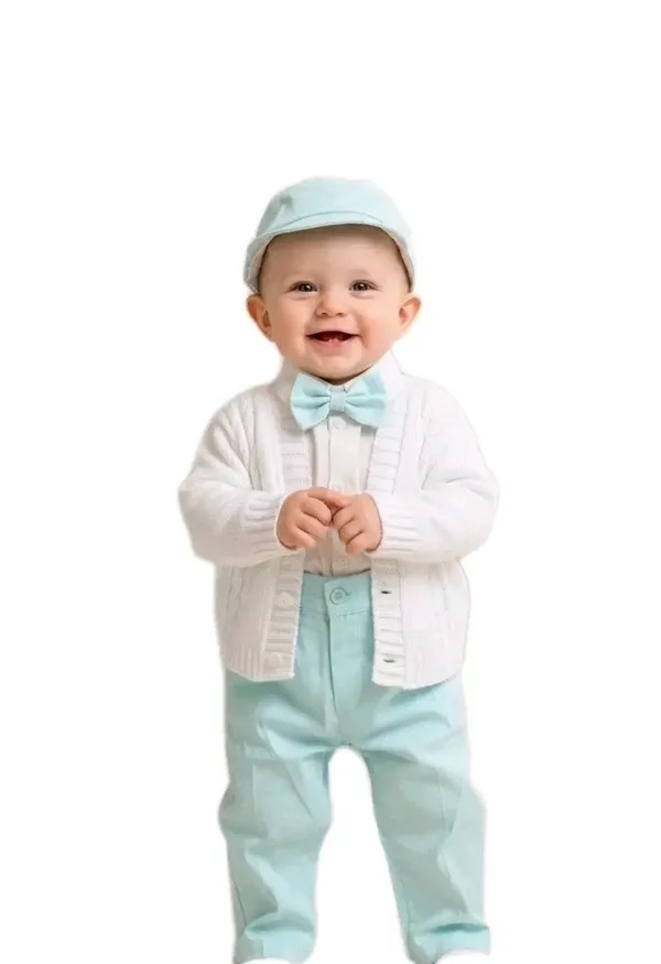 Taufanzug Gr.74 80 Babyanzug Taufe Set Hemd Hose Fliege Hosenträger Strickjacke Hut 9-12 Monate