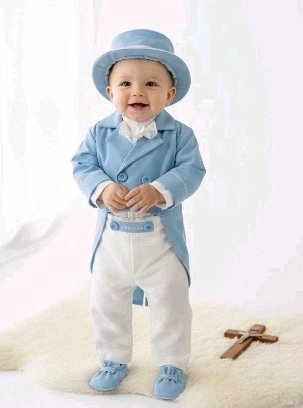 Baby Taufanzug  Gr.80/86 Babyanzug Taufoutfit Taufe Jacke Hemd Hose Hut Schuhe blau/weiß  12-18 Monate