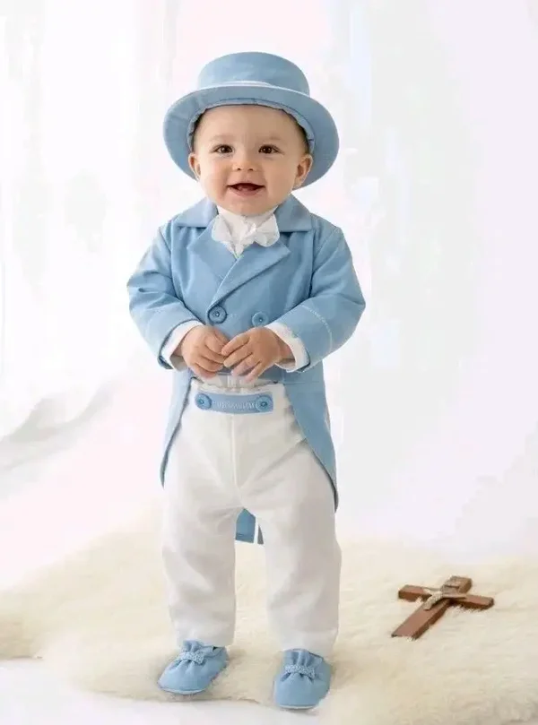 Baby Taufanzug  Gr.80/86 Babyanzug Taufoutfit Taufe Jacke Hemd Hose Hut Schuhe blau/weiß  12-18 Monate