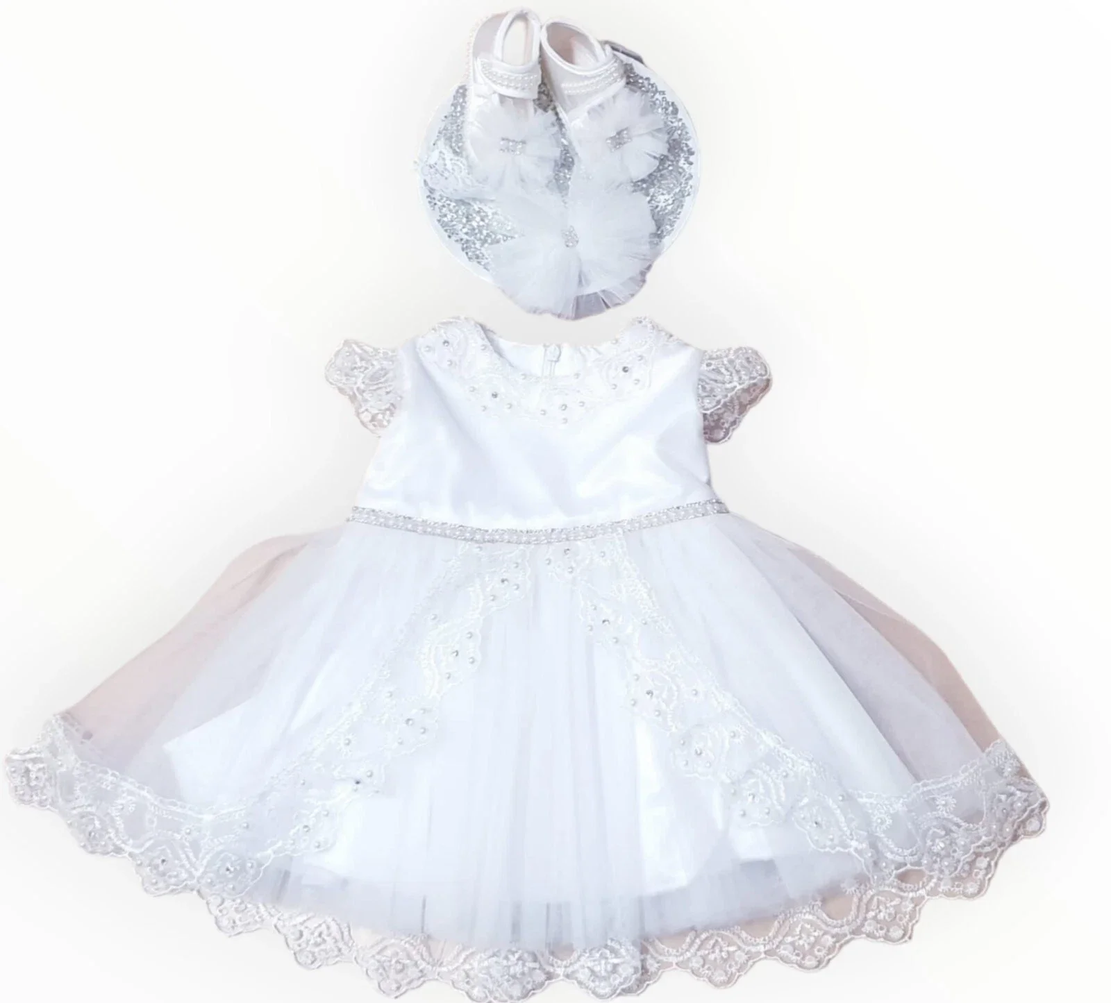 Taufkleid Kleid Taufe 68 74 80 Schuhe Stirnband Babykleid Taufoutfit Partykleid 6-9/9-12 Monate