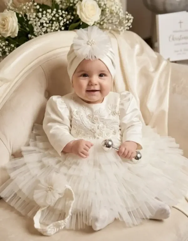 Taufkleid Gr. 62 68 Babykleid Taufe Party Stirnband Mütze Set 3-tlg Mädchen 3-6 Monate