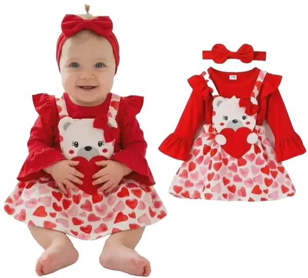 Baby Mädchen Kleid Set 3-tlg Gr. 68 74 80 1. Geburtstag Geschenk Party Rot Herz