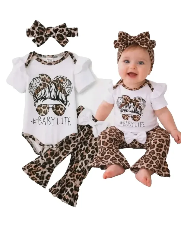 Baby Mädchen Set 3tlg Body Hose Haarband Gr. 74 80 1. Geburtstag Geschenk Leo
