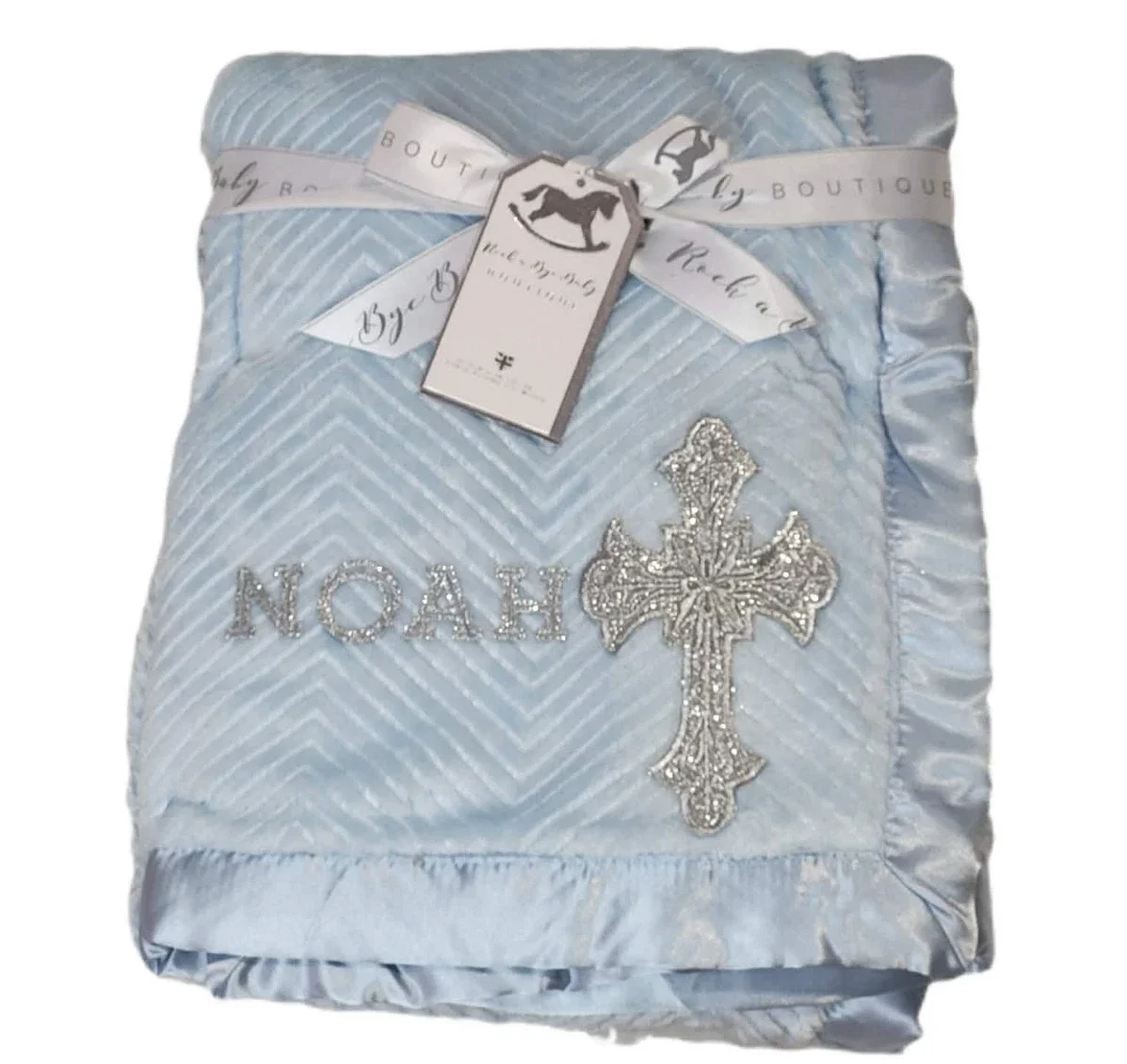 Taufdecke Blau Kreuz Silber Personalisiert mit Name Geschenk Taufe Babydecke