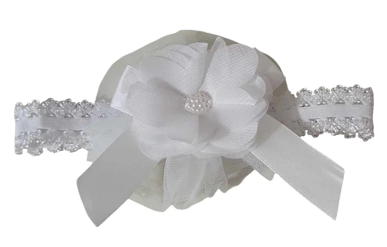 Baby Stirnband Haarband Kopfband Taufe Hochzeit Party Geburt festlich weiß 0-6 M