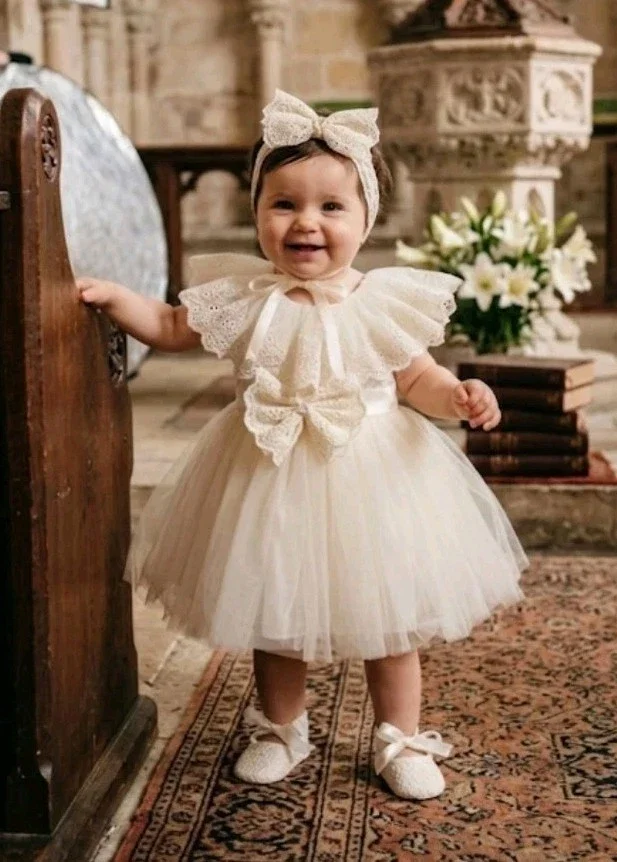 Baby Taufkleid+Schuhe+Stirnband Taufoutfit Partykleid 3-tlg beige gold 6-9 Monate