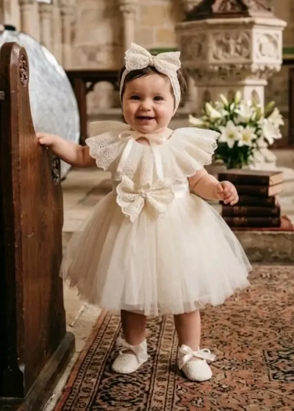 Baby Taufkleid+Schuhe+Stirnband Taufoutfit Partykleid 3-tlg beige gold 6-9 Monate