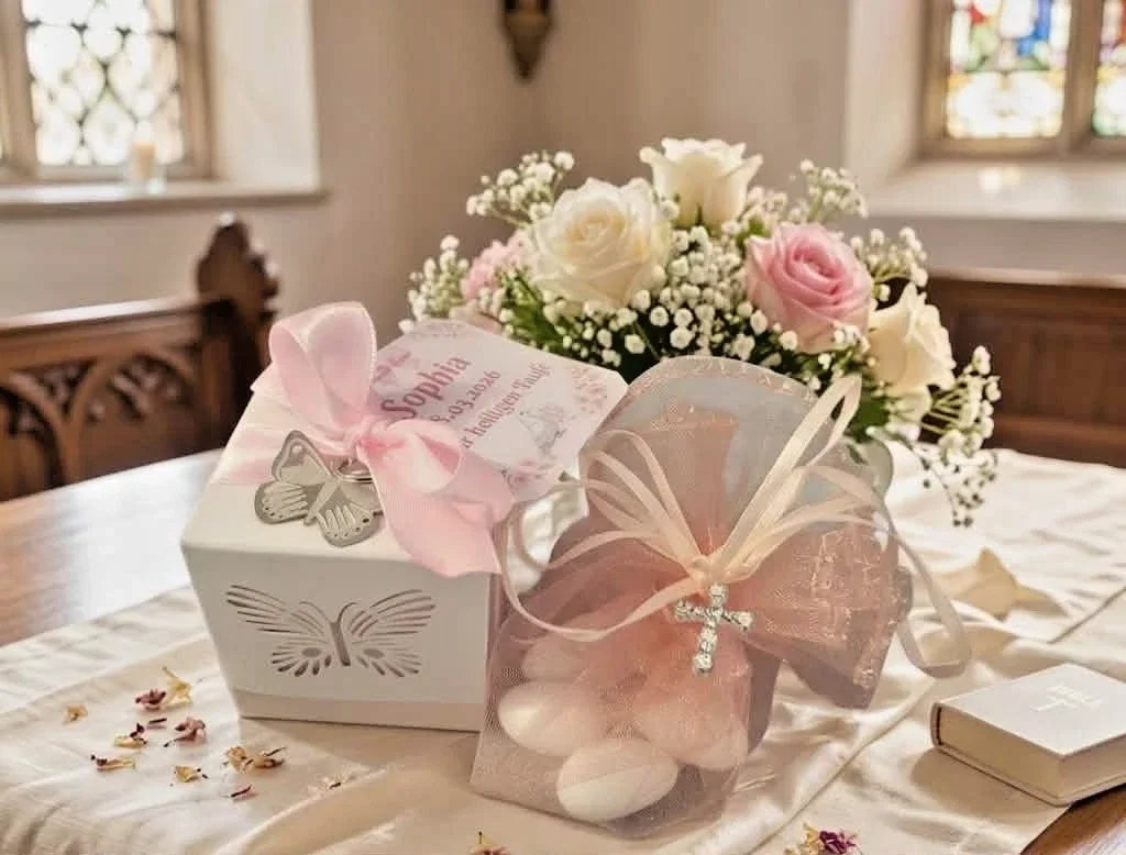 Gastgeschenk Taufe Kommunion Konfirmation Bonboniere Geschenk Gäste Rosa Kreuz