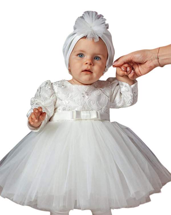 Taufkleid Gr.74 Kleid Taufe Set Turban Stirnband Partykleid ivory 6-9 Monate
