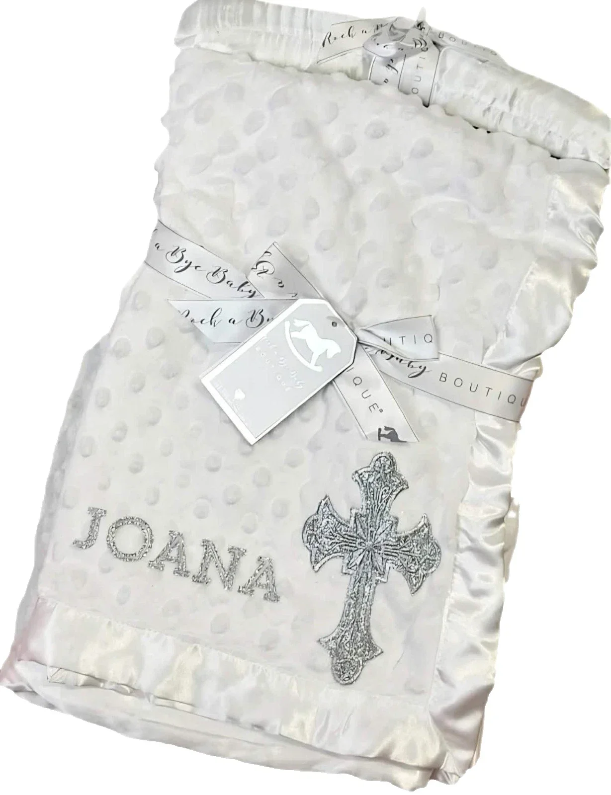 Taufdecke Weiß Kreuz Silber Personalisiert Name Geschenk Taufe Geburt Babydecke