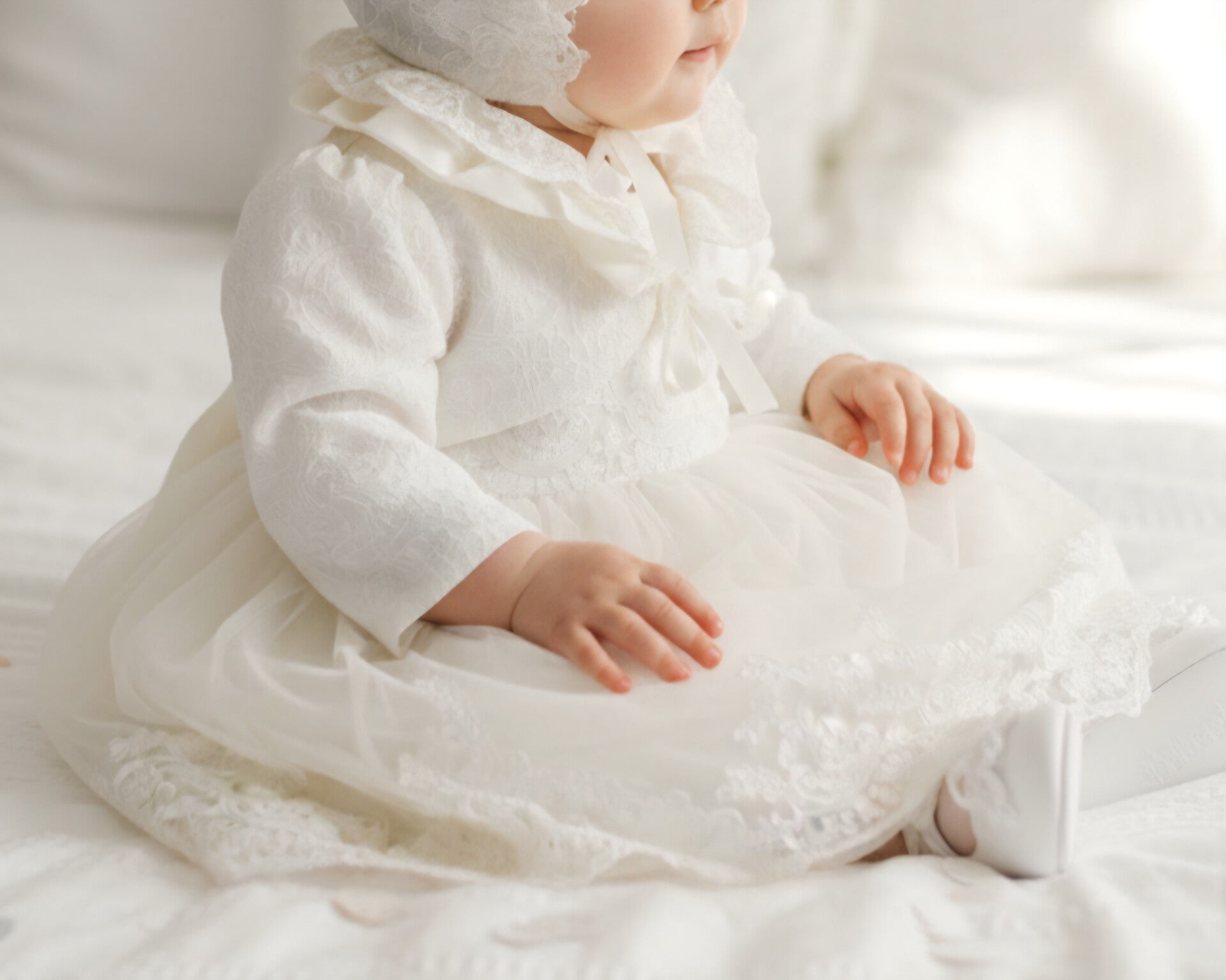 Taufkleid Gr.62 68 Baby Kleid Taufe Set Stirnband Bolero Schuhe Mütze Partykleid 3-6 Monate