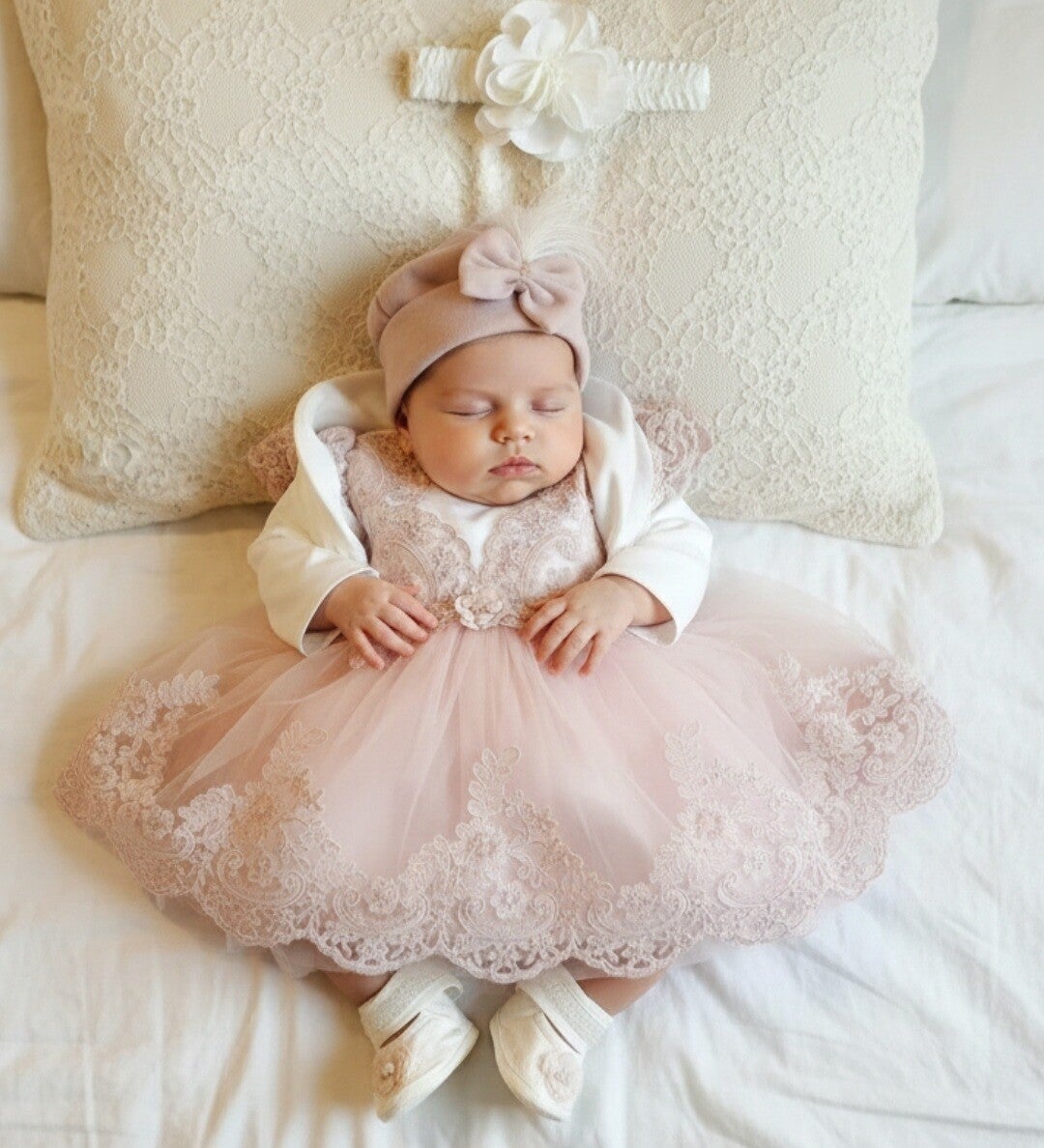 Taufkleid Gr. 56 62 Taufoutfit Mädchen Partykleid Geburtstagset Baby 5tlg altrosa 0-3 Monate