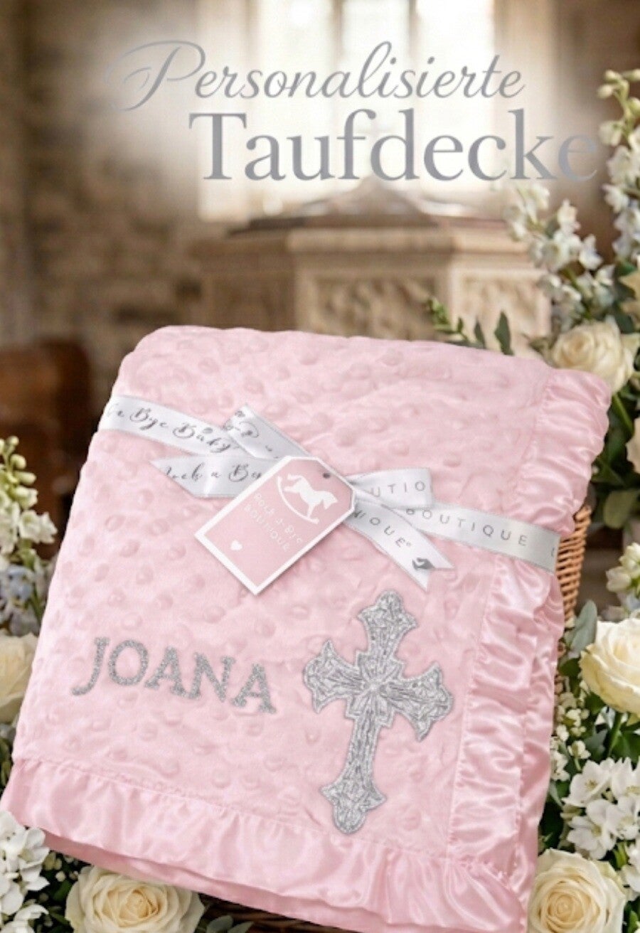 Taufdecke Baby rosa Kreuz Silber personalisiert Name Geschenk Taufe Geburt Decke