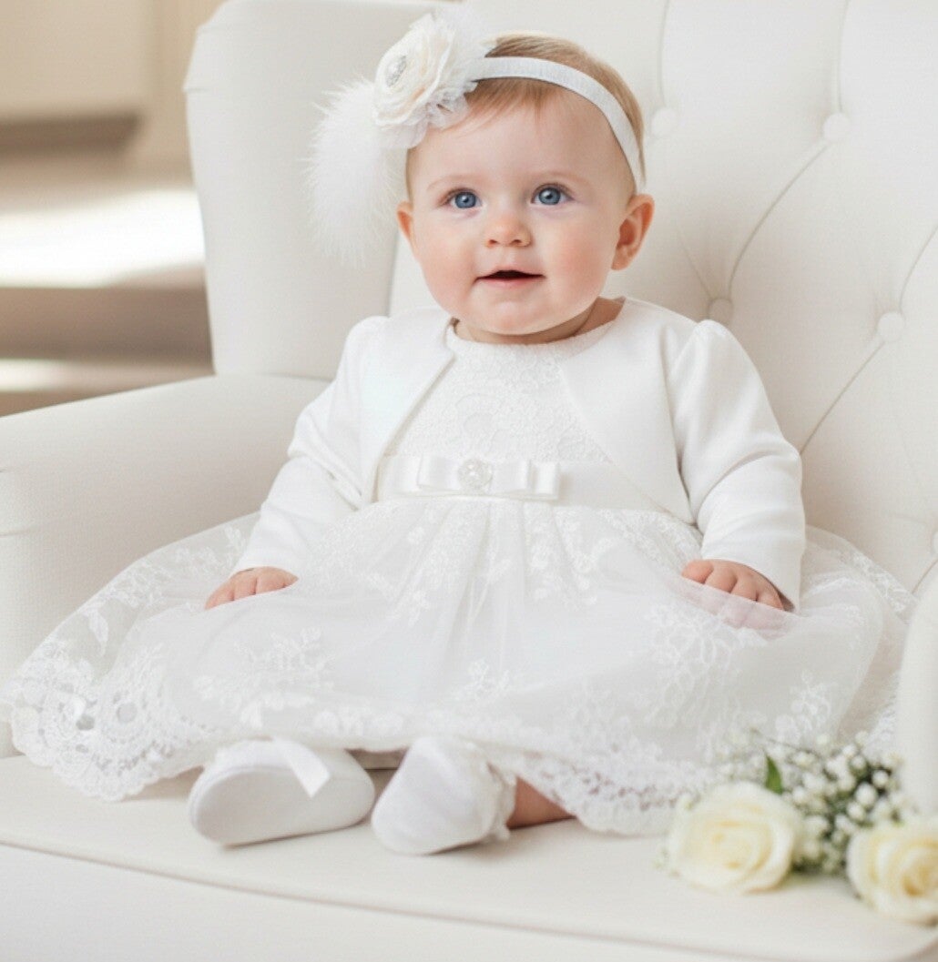 Baby Taufkleid Spitze Gr. 74 Kleid Taufe Baby Set Stirnband Bolero Schuhe 4tlg ivory 6-9 Monate