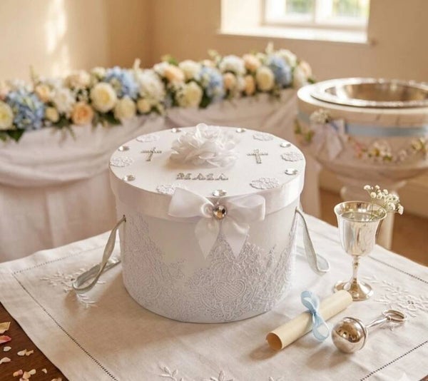 Baby Taufbox Aufbewahrungsbox Taufkiste rund Taufe Geburt Erinnerungsbox Taufkleidung Geschenk