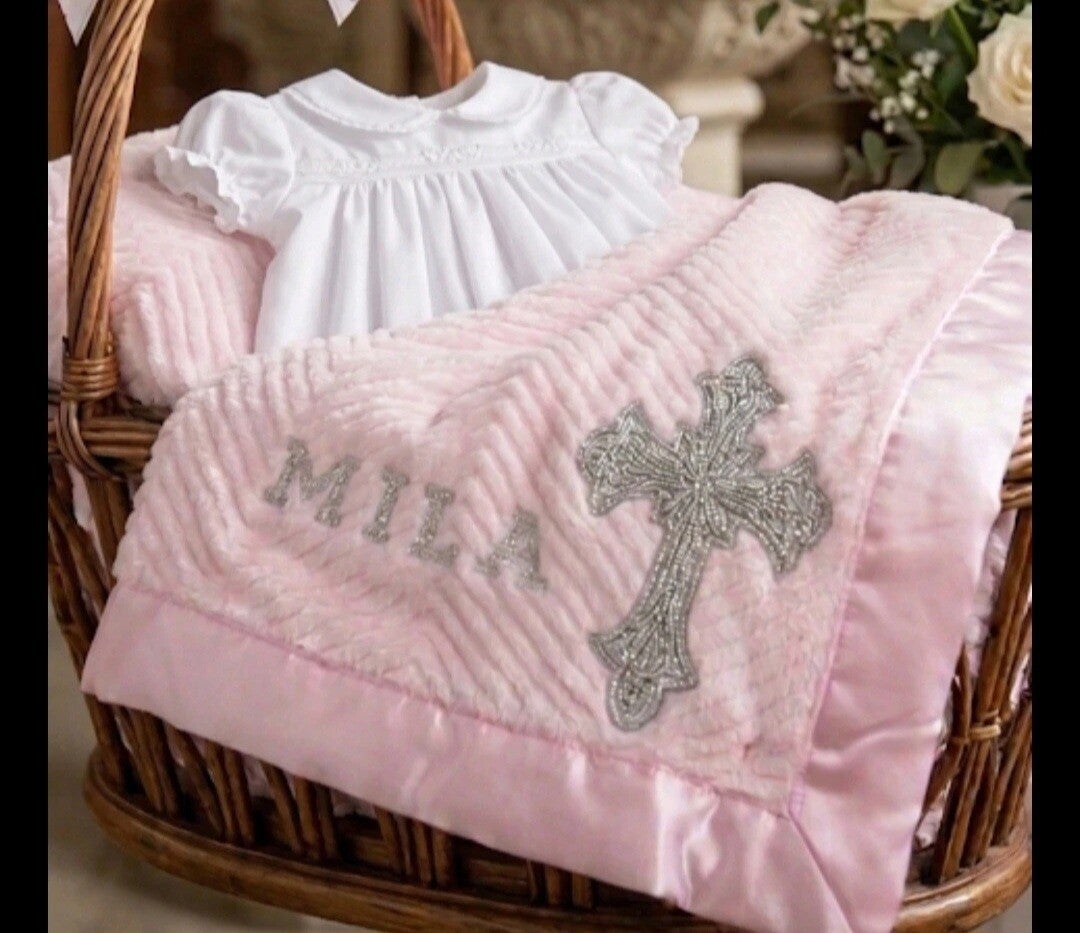 Taufdecke Babydecke Kuscheldecke personalisiert Geschenk Taufe Geburt Paten Rosa