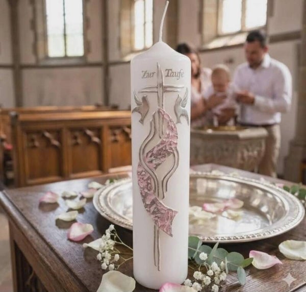 Taufkerze Mädchen Kerze Taufe Personalisiert Name Datum Kreuz 25x6 cm Weiß Rosa